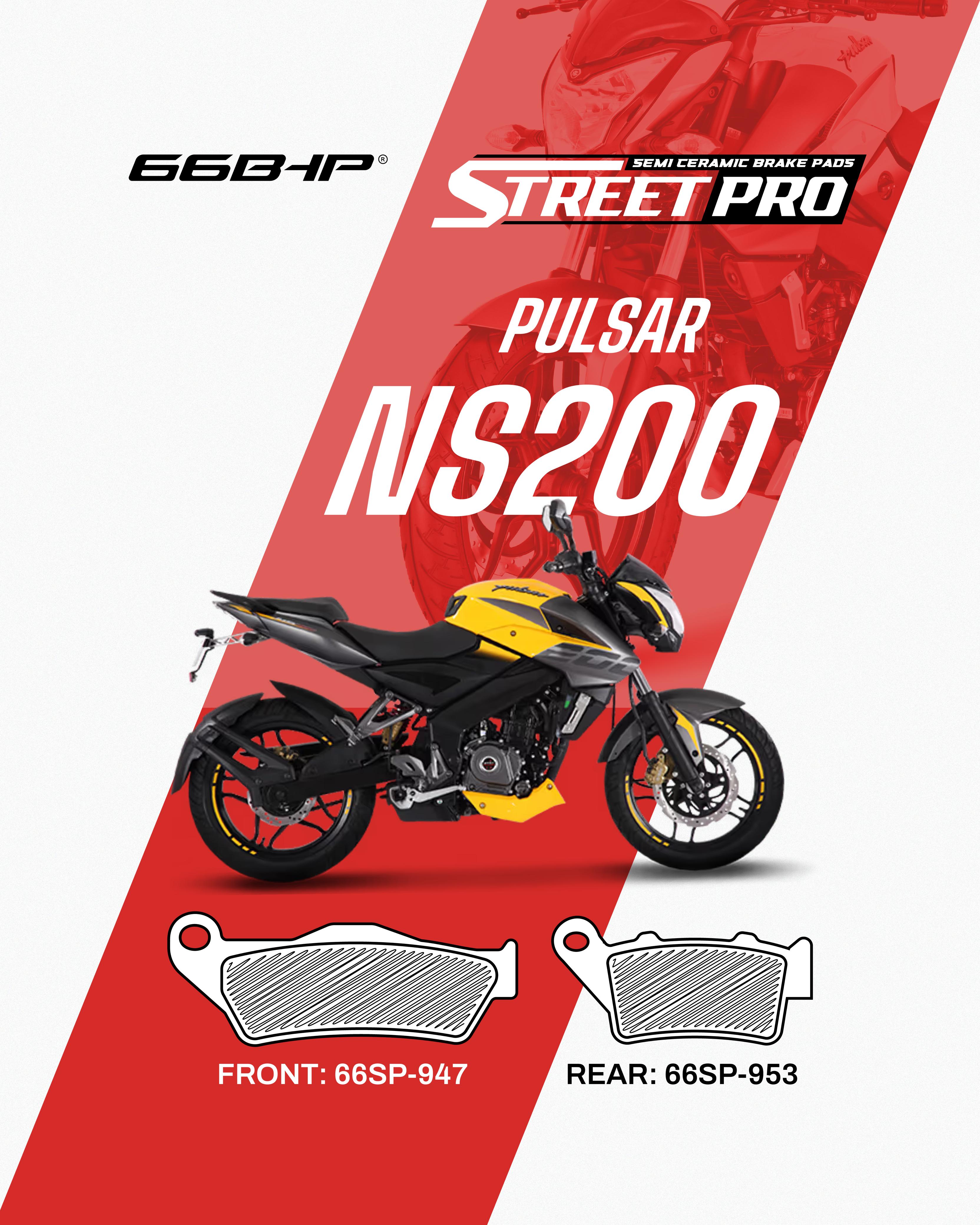 Yellow and black Pulsar NS200 motorcycle with semi ceramic brake pads front 66SP-947 and rear 66SP-953.