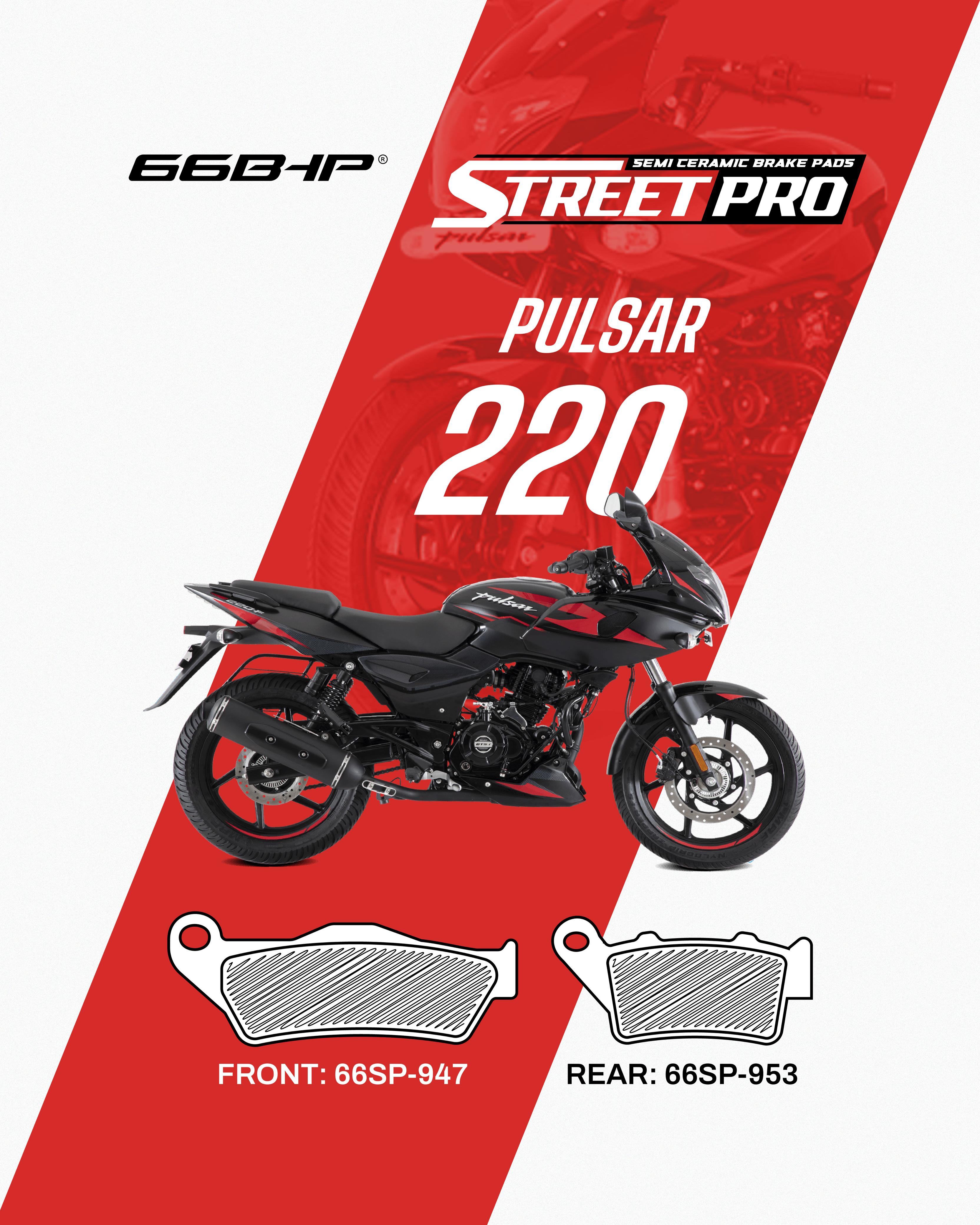 Pulsar 220 motorcycle with Street Pro semi ceramic brake pads, front 66SP-947, rear 66SP-953.