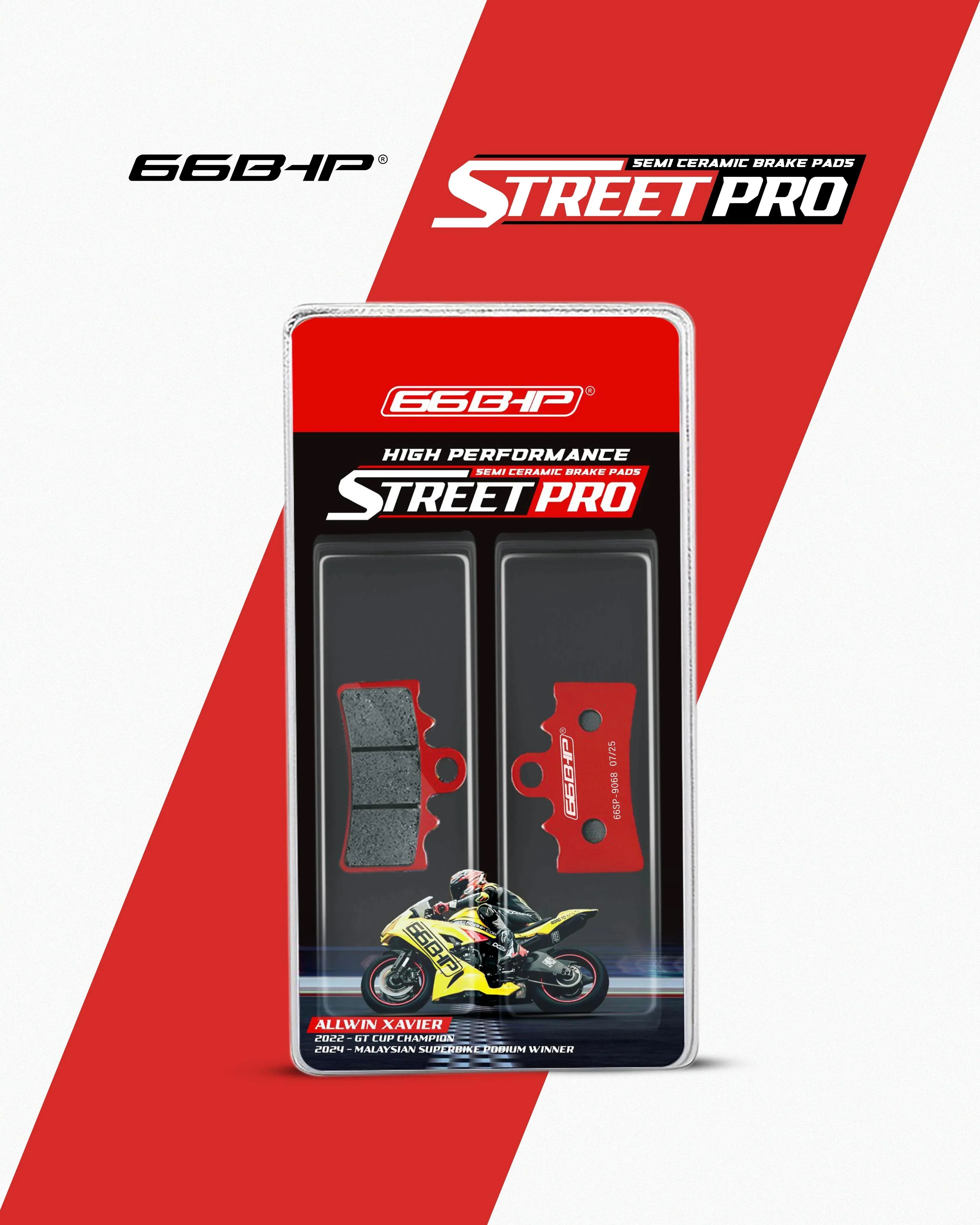 High performance semi ceramic motorcycle brake pads packaging with red and black design.