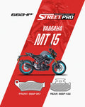 Yamaha MT 15 street bike with semi ceramic brake pads, front 66SP-947, rear 66SP-432.