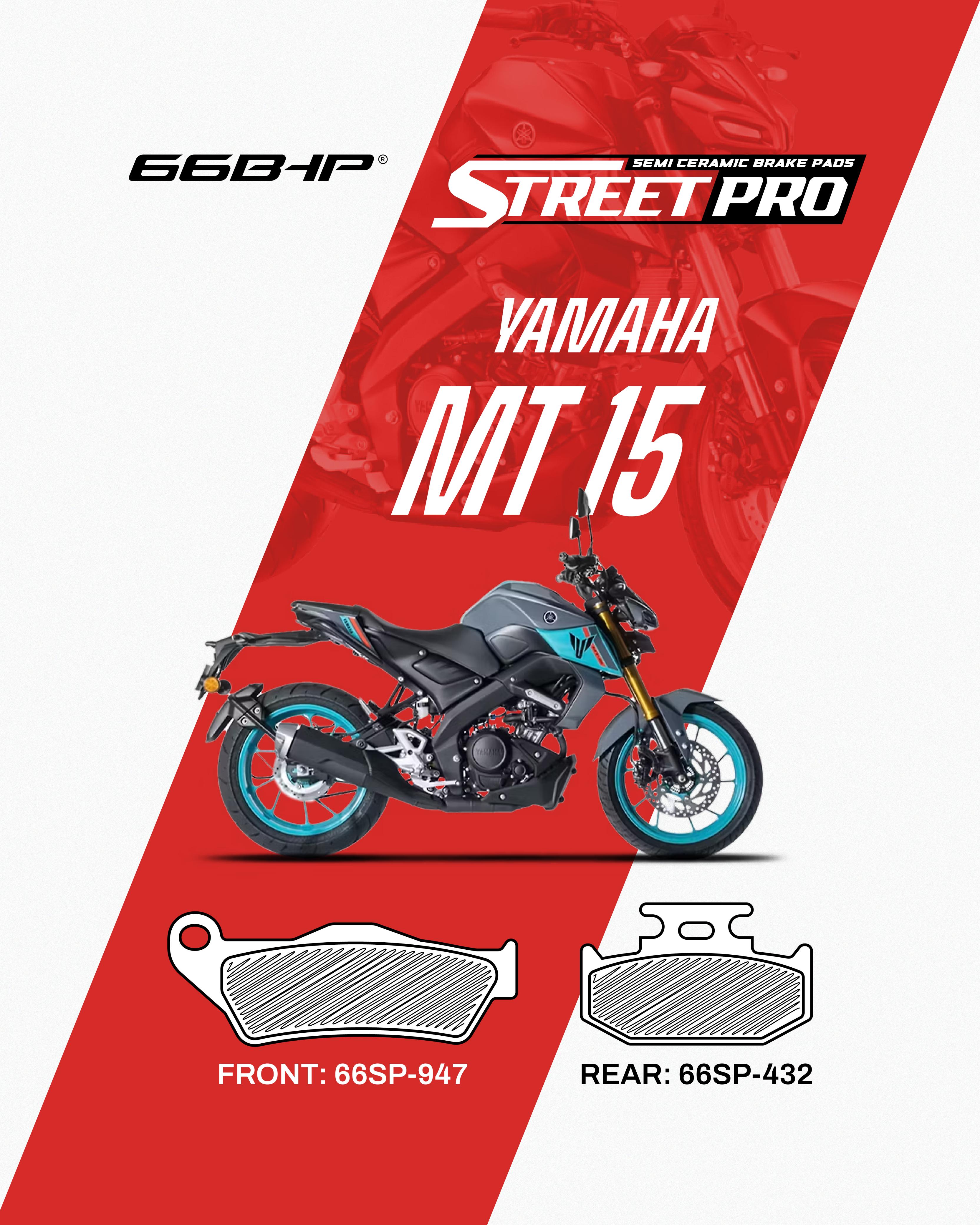 Yamaha MT 15 street bike with semi ceramic brake pads, front 66SP-947, rear 66SP-432.