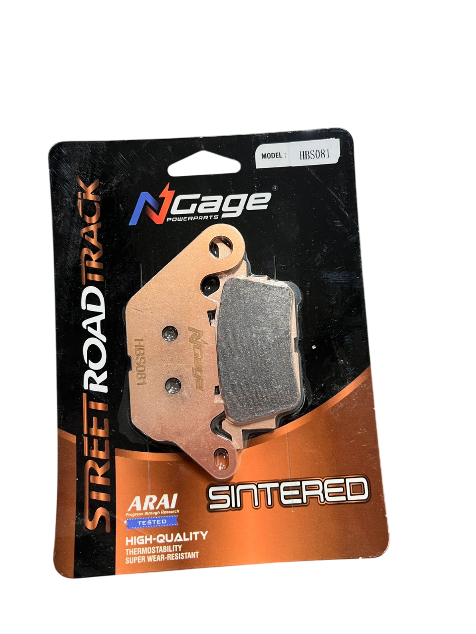 Motorcycle sintered brake pads in retail packaging, model HBS081, high-quality and wear-resistant.