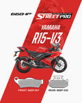 Red Yamaha R15 V3 motorcycle with semi ceramic brake pads street pro, front 66SP-947, rear 66SP-432