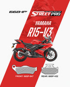 Red Yamaha R15 V3 motorcycle with semi ceramic brake pads street pro, front 66SP-947, rear 66SP-432