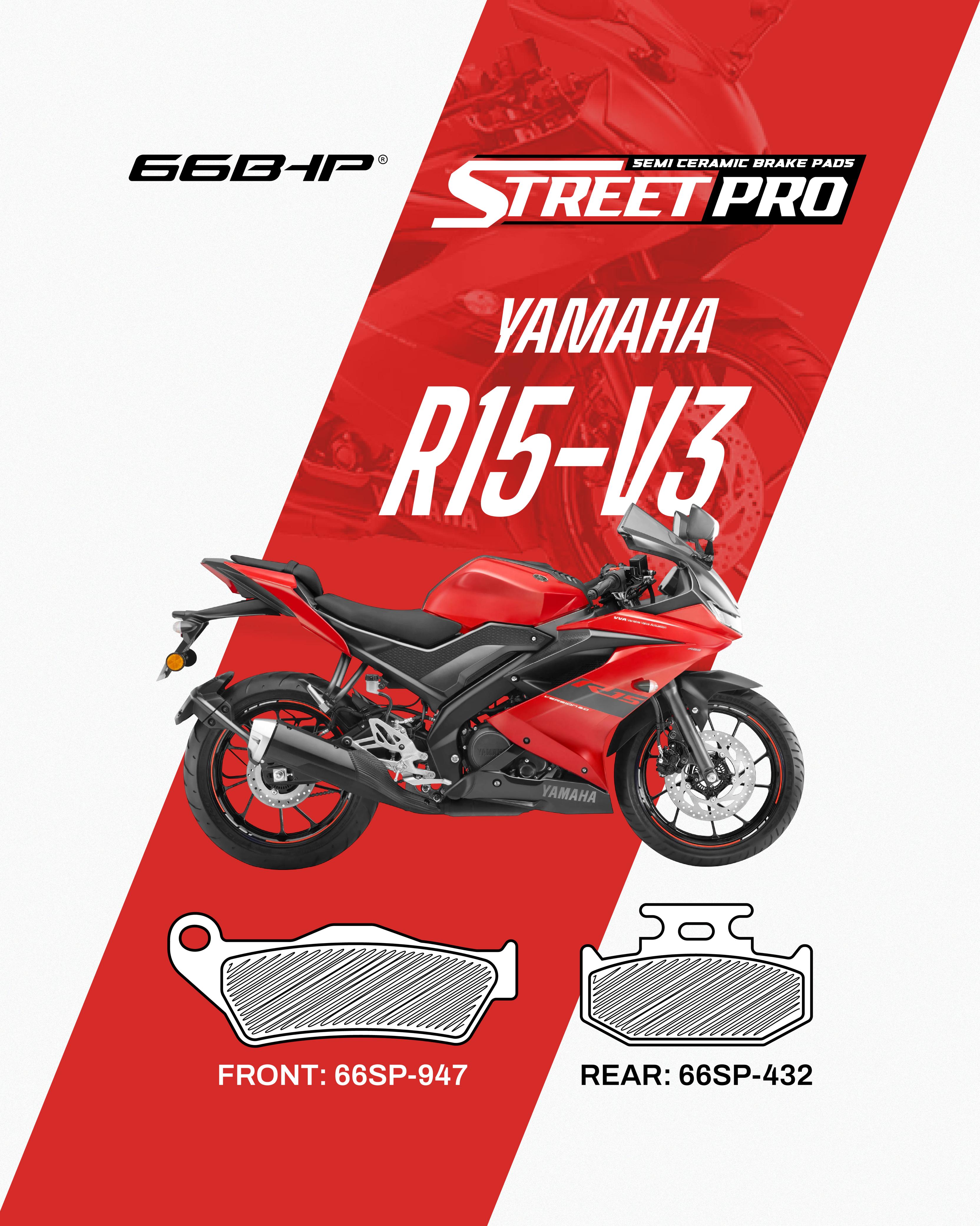 Red Yamaha R15 V3 motorcycle with semi ceramic brake pads street pro, front 66SP-947, rear 66SP-432