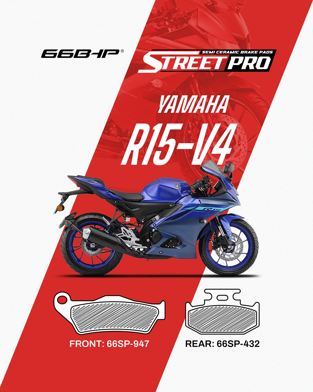 Blue Yamaha R15-V4 motorcycle with front and rear semi ceramic brake pads, Street Pro branding