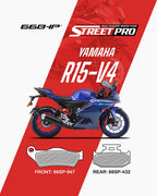 Blue Yamaha R15-V4 motorcycle with front and rear semi ceramic brake pads, Street Pro branding