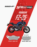 Yamaha FZ-25 motorcycle with Street Pro semi ceramic brake pads, front and rear types shown.