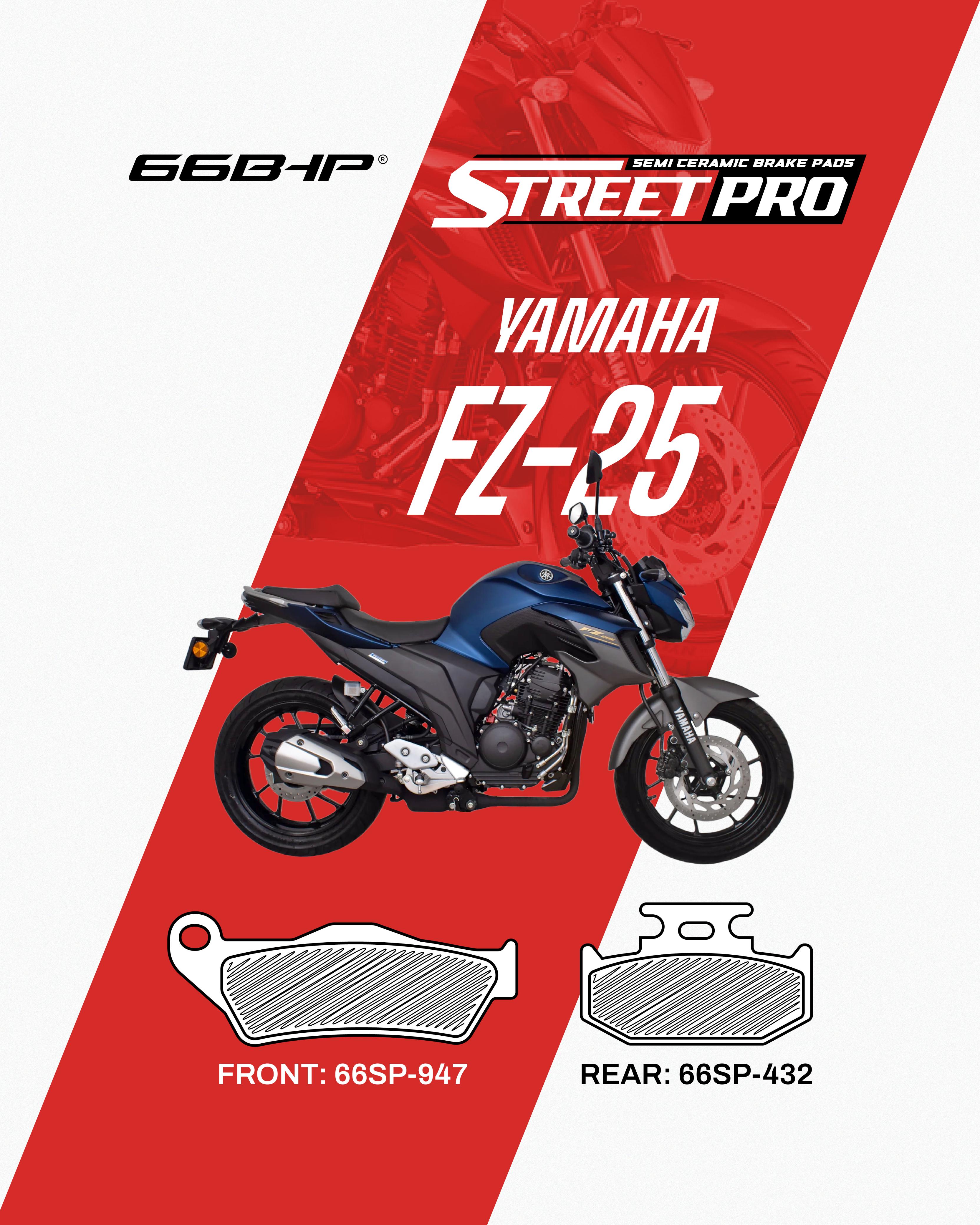 Yamaha FZ-25 motorcycle with Street Pro semi ceramic brake pads, front and rear types shown.
