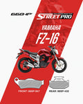 Semi ceramic brake pads for Yamaha FZ-16, showing pad shapes and product codes
