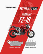 Semi ceramic brake pads for Yamaha FZ-16, showing pad shapes and product codes