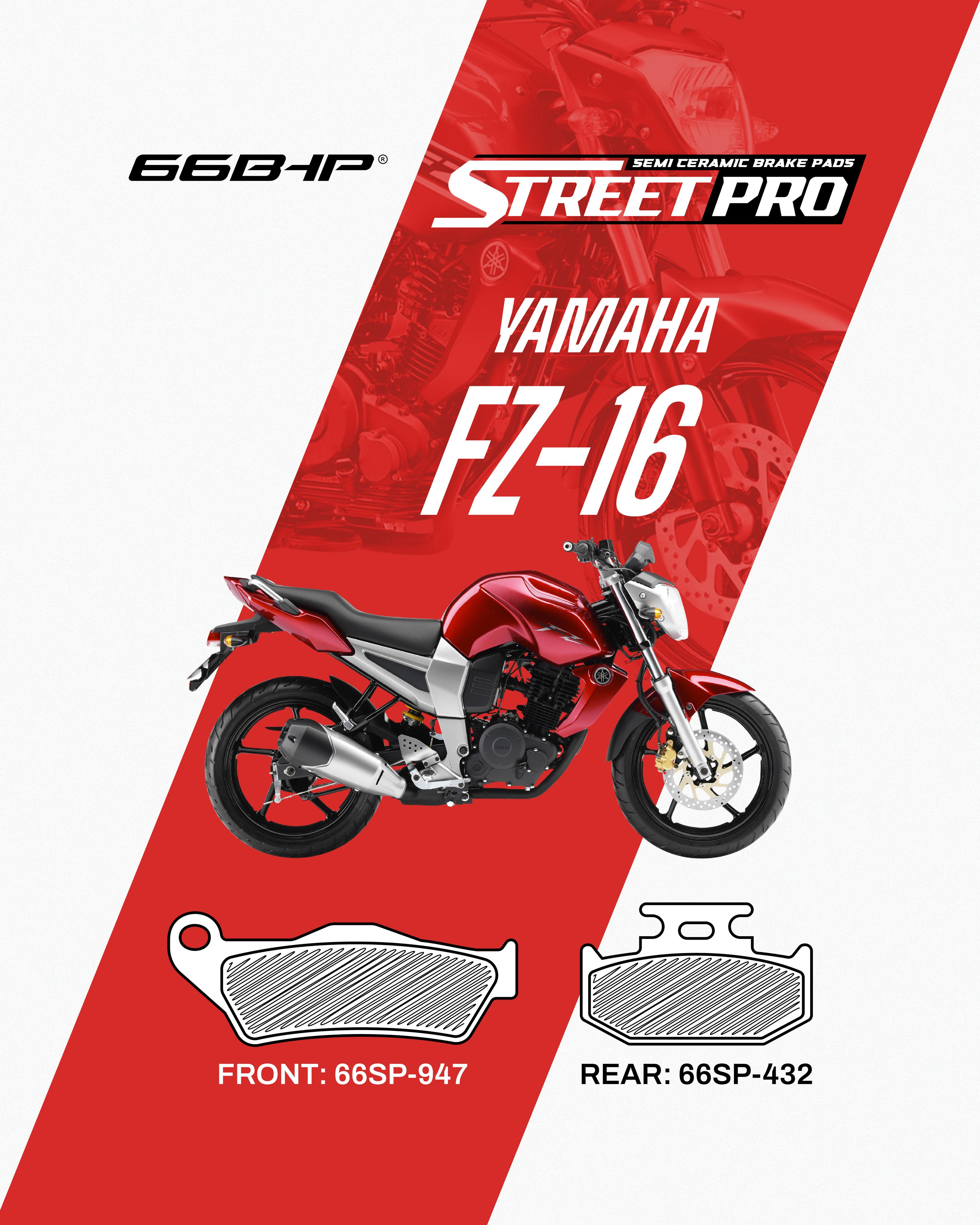 Semi ceramic brake pads for Yamaha FZ-16, showing pad shapes and product codes