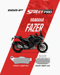 StreetPro semi ceramic brake pads for Yamaha Fazer with front and rear pad diagrams