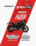 StreetPro semi ceramic brake pads for Yamaha Fazer with front and rear pad diagrams
