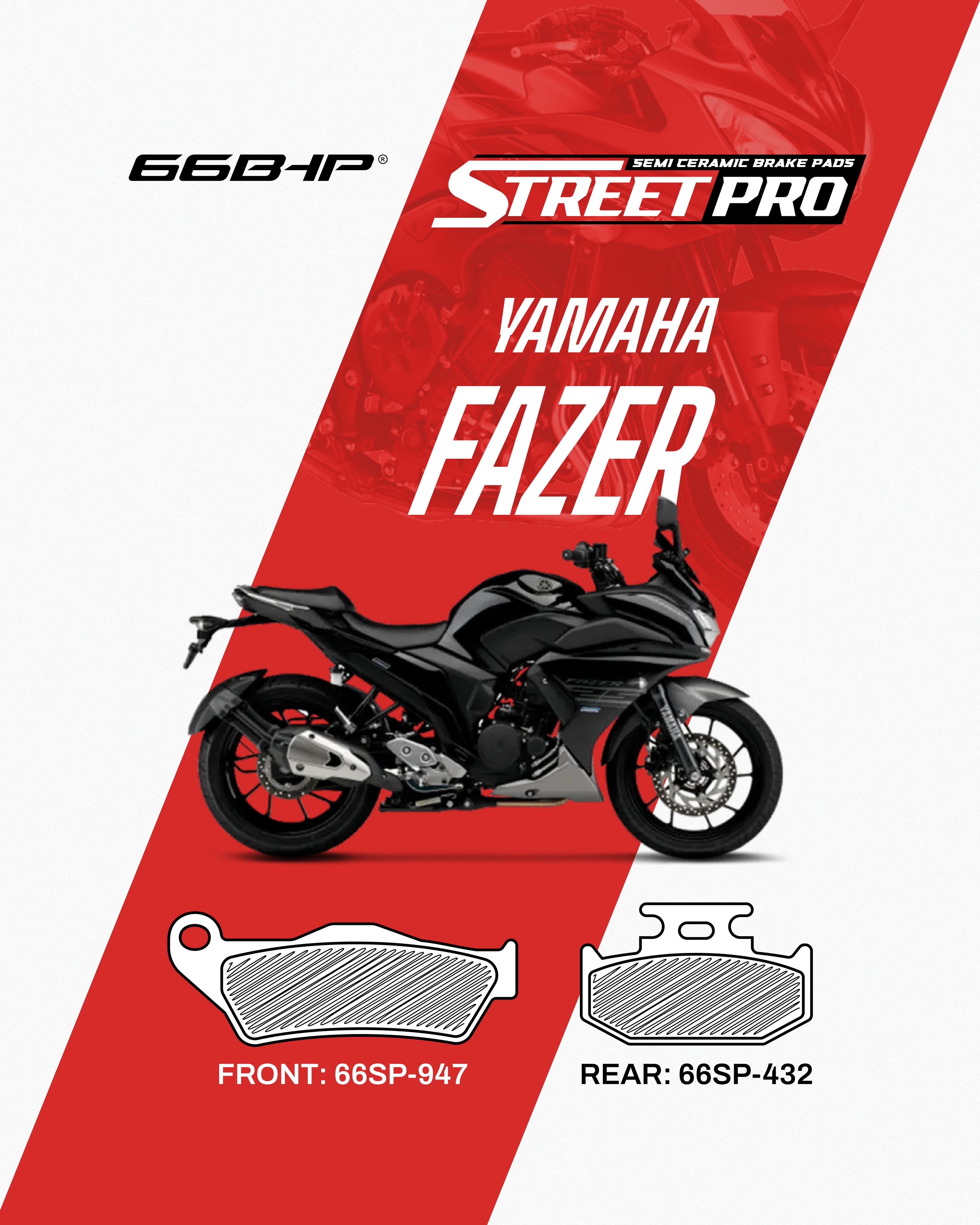 StreetPro semi ceramic brake pads for Yamaha Fazer with front and rear pad diagrams
