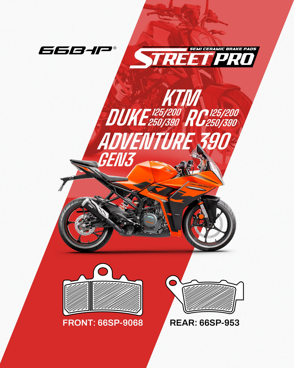 Semi ceramic brake pads Street Pro for KTM Duke, RC, Adventure 390 GEN3 with orange motorcycle.