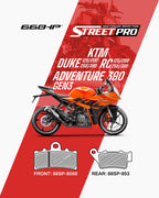 Semi ceramic brake pads Street Pro for KTM Duke, RC, Adventure 390 GEN3 with orange motorcycle.