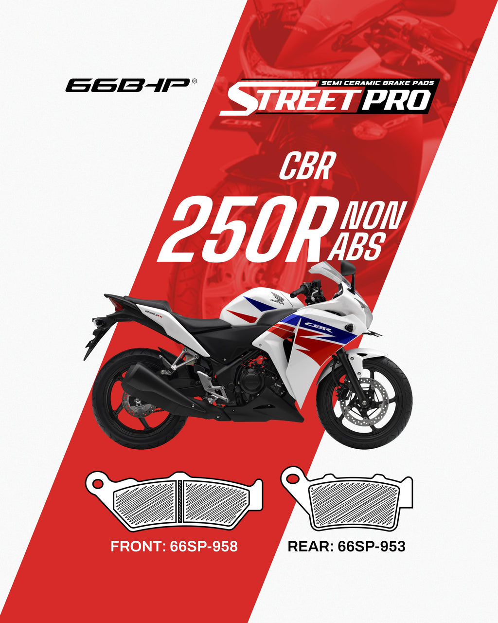 Semi ceramic brake pads for CBR 250R non-ABS, includes front and rear pad diagrams
