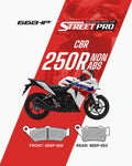 Semi ceramic brake pads for CBR 250R non-ABS, includes front and rear pad diagrams
