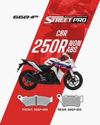 Semi ceramic brake pads for CBR 250R non-ABS, includes front and rear pad diagrams