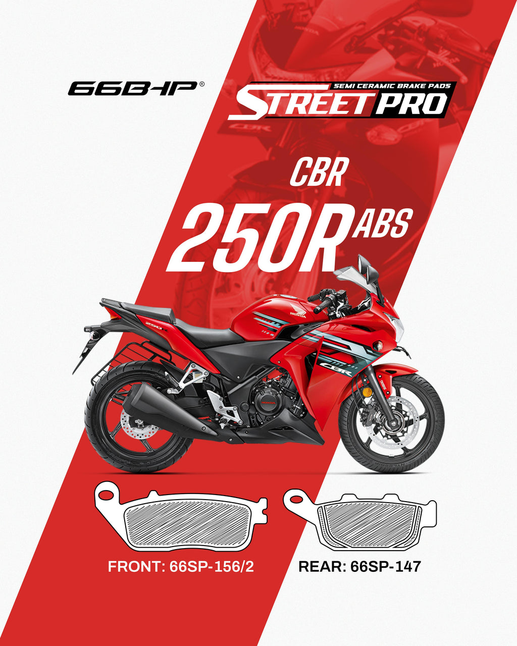 Red CBR 250R ABS motorcycle with semi ceramic brake pads, front and rear pad diagrams shown
