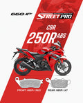 Red CBR 250R ABS motorcycle with semi ceramic brake pads, front and rear pad diagrams shown