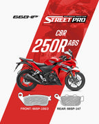 Red CBR 250R ABS motorcycle with semi ceramic brake pads, front and rear pad diagrams shown