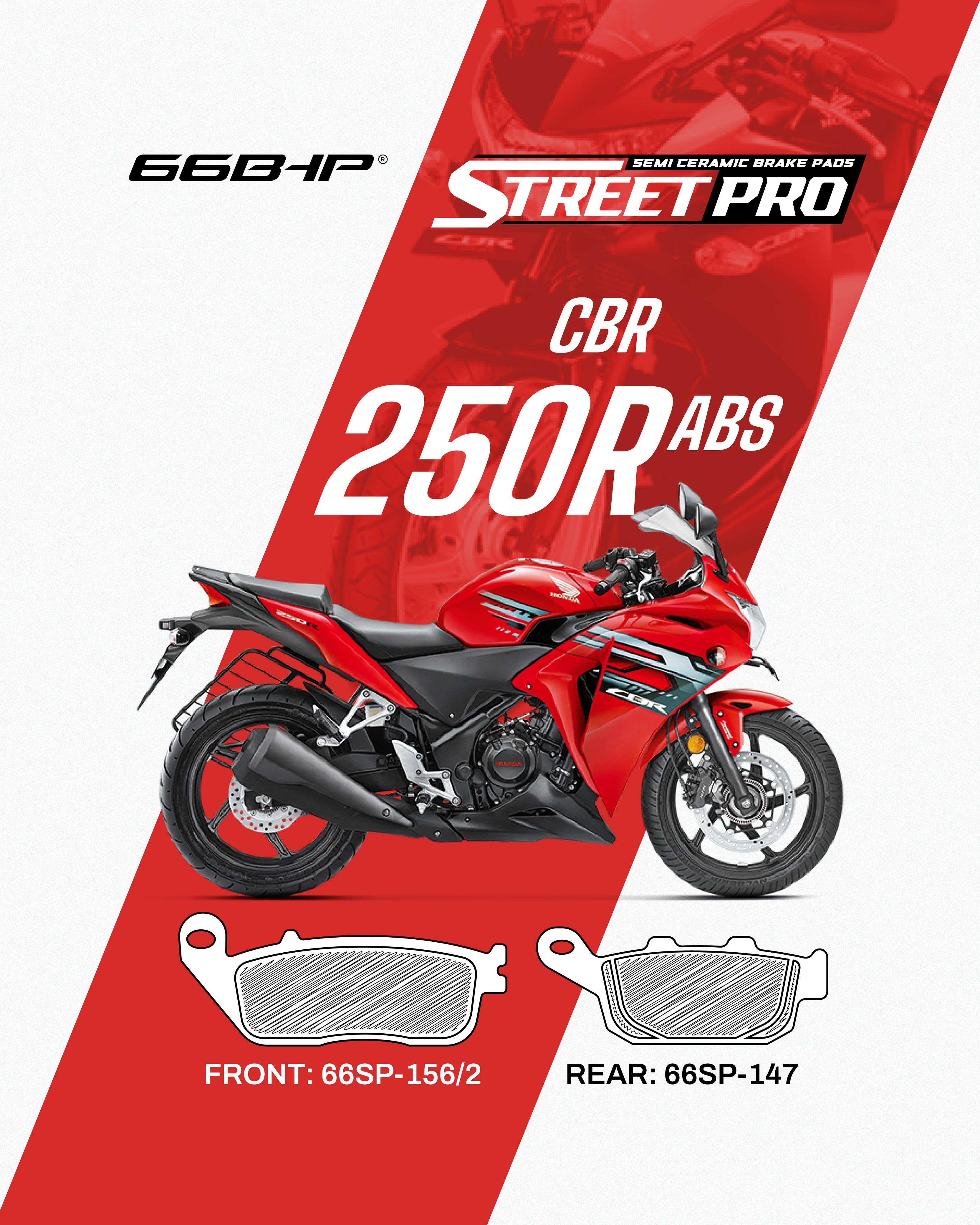 Red CBR 250R ABS motorcycle with semi ceramic brake pads, front and rear pad diagrams shown