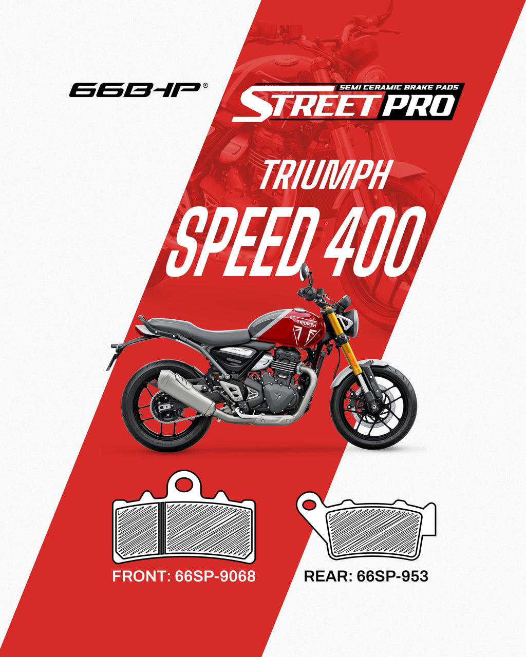 Triumph Speed 400 motorcycle with Street Pro semi ceramic brake pads, front 66SP-9068, rear 66SP-953.
