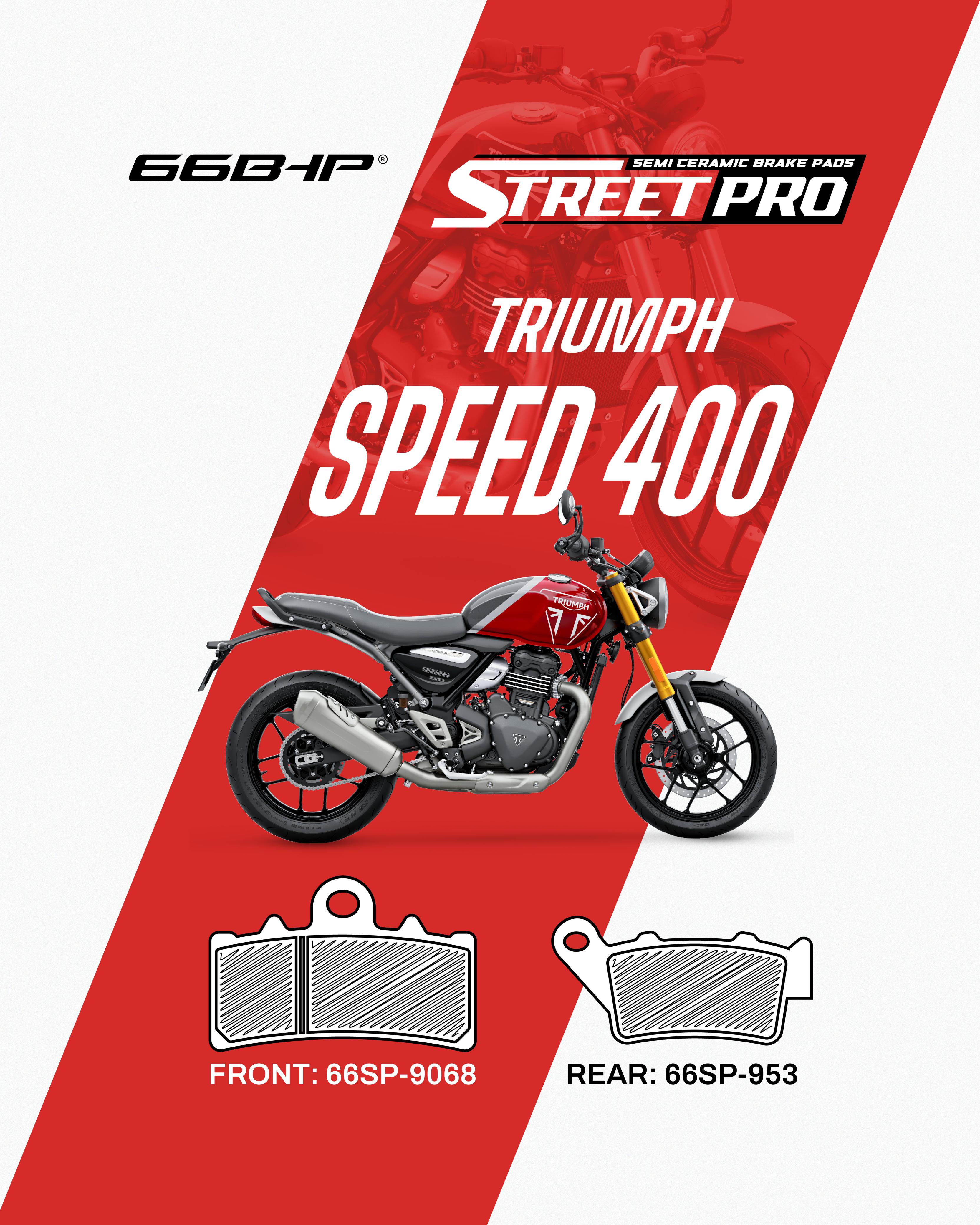 Triumph Speed 400 motorcycle with Street Pro semi ceramic brake pads, front 66SP-9068, rear 66SP-953.
