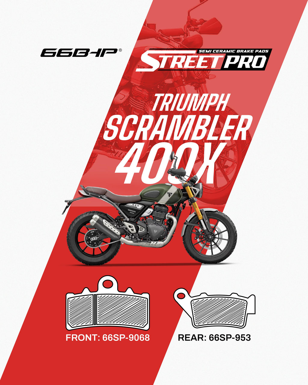 Triumph Scrambler 400X motorcycle with StreetPro semi ceramic brake pads, front 66SP-9068 and rear 66SP-953