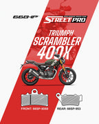 Triumph Scrambler 400X motorcycle with StreetPro semi ceramic brake pads, front 66SP-9068 and rear 66SP-953