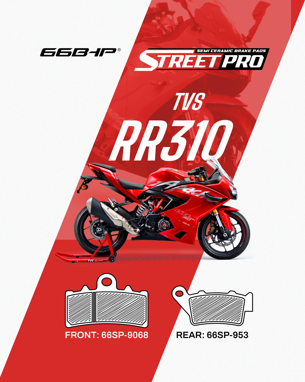 Red TVS RR310 motorcycle with semi-ceramic brake pads Street Pro, front and rear pad models shown.