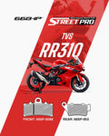 Red TVS RR310 motorcycle with semi-ceramic brake pads Street Pro, front and rear pad models shown.