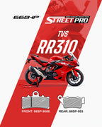 Red TVS RR310 motorcycle with semi-ceramic brake pads Street Pro, front and rear pad models shown.