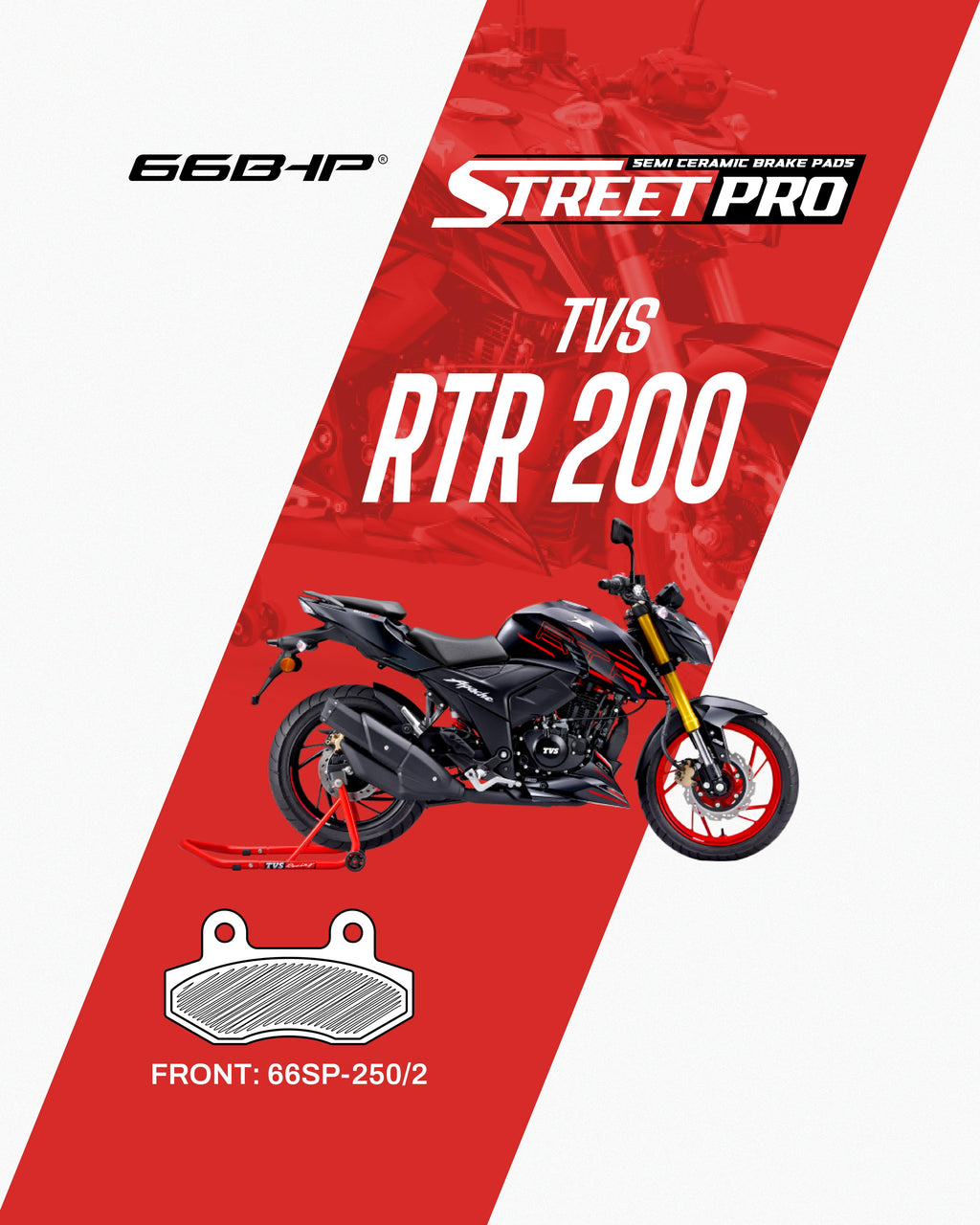 TVS RTR 200 motorcycle with Street Pro semi ceramic brake pads, front 66SP-250/2.