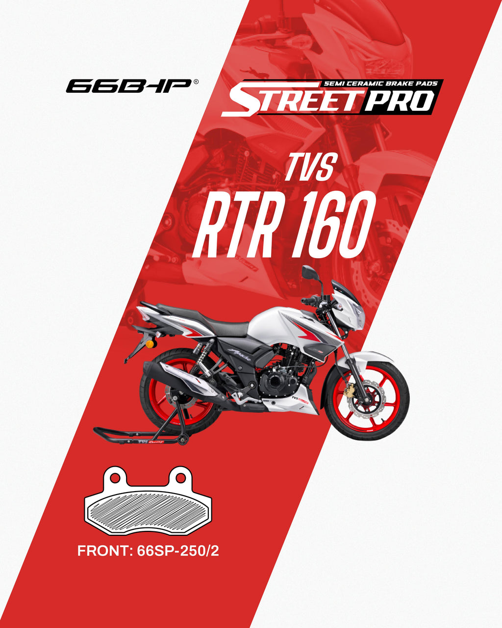 TVS RTR 160 motorcycle with semi ceramic brake pads Street Pro 66SP-250/2 front