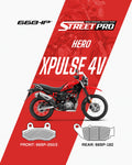 Hero XPulse 4V motorcycle with semi ceramic brake pads, front and rear pad diagrams, StreetPro branding