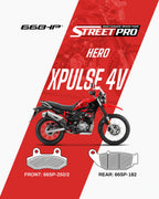 Hero XPulse 4V motorcycle with semi ceramic brake pads, front and rear pad diagrams, StreetPro branding