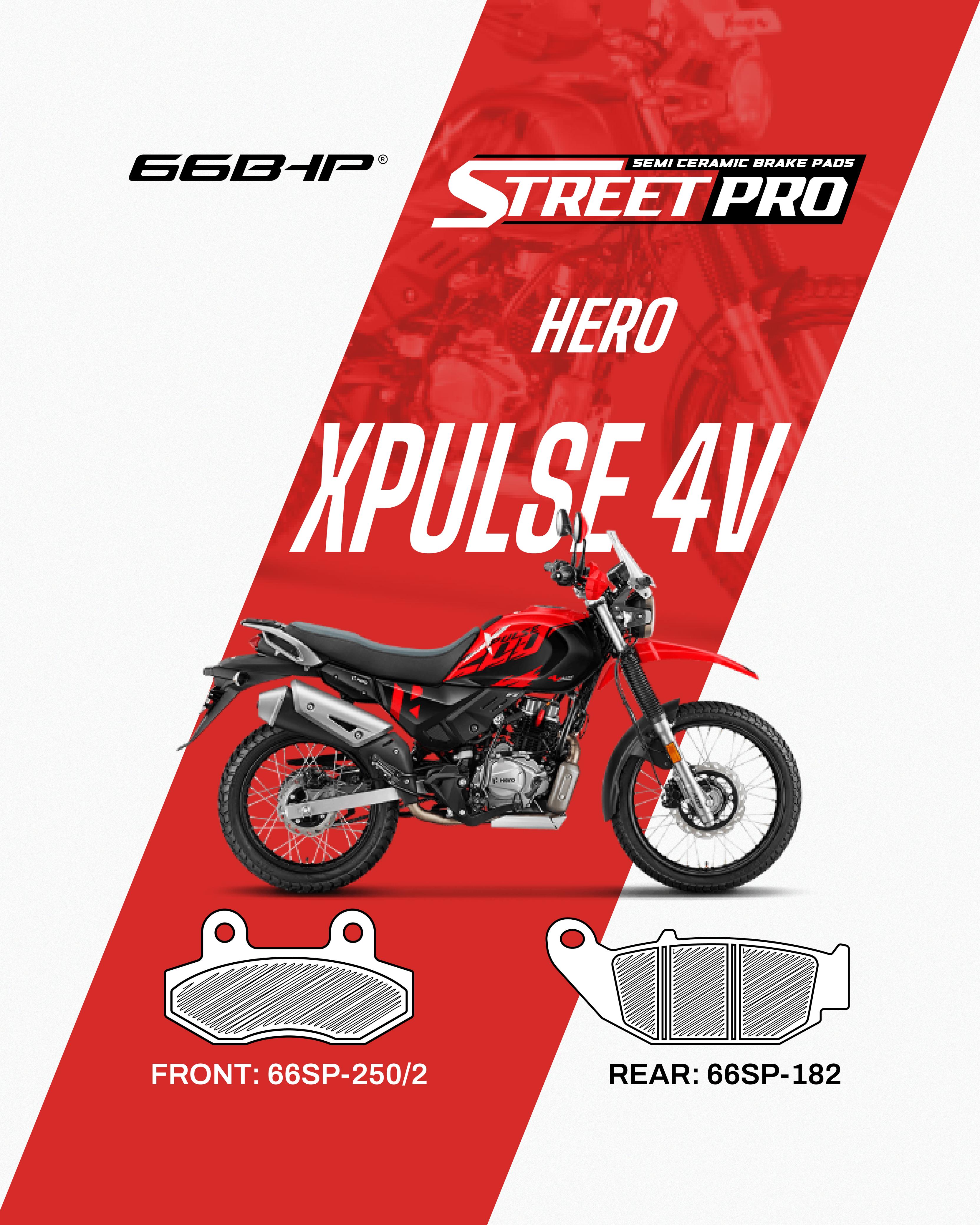 Hero XPulse 4V motorcycle with semi ceramic brake pads, front and rear pad diagrams, StreetPro branding