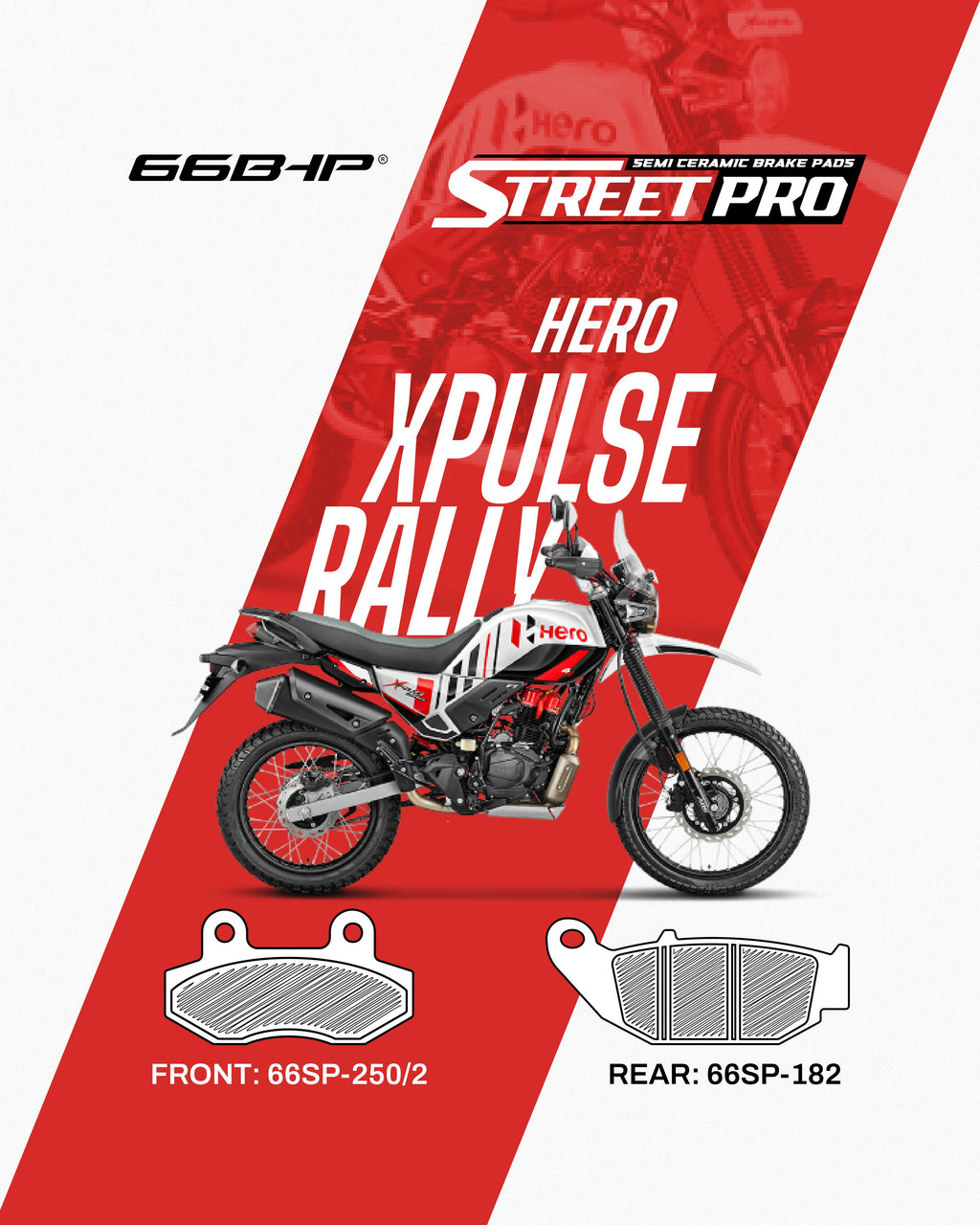 Hero Xpulse Rally motorcycle with Street Pro brake pads front and rear diagram