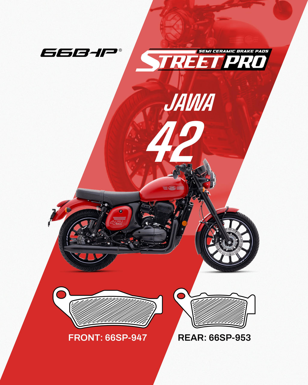 Red Jawa 42 motorcycle with semi ceramic brake pads Street Pro, front and rear brake pad models displayed.