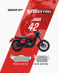 Red Jawa 42 motorcycle with semi ceramic brake pads Street Pro, front and rear brake pad models displayed.