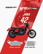 Red Jawa 42 motorcycle with semi ceramic brake pads Street Pro, front and rear brake pad models displayed.