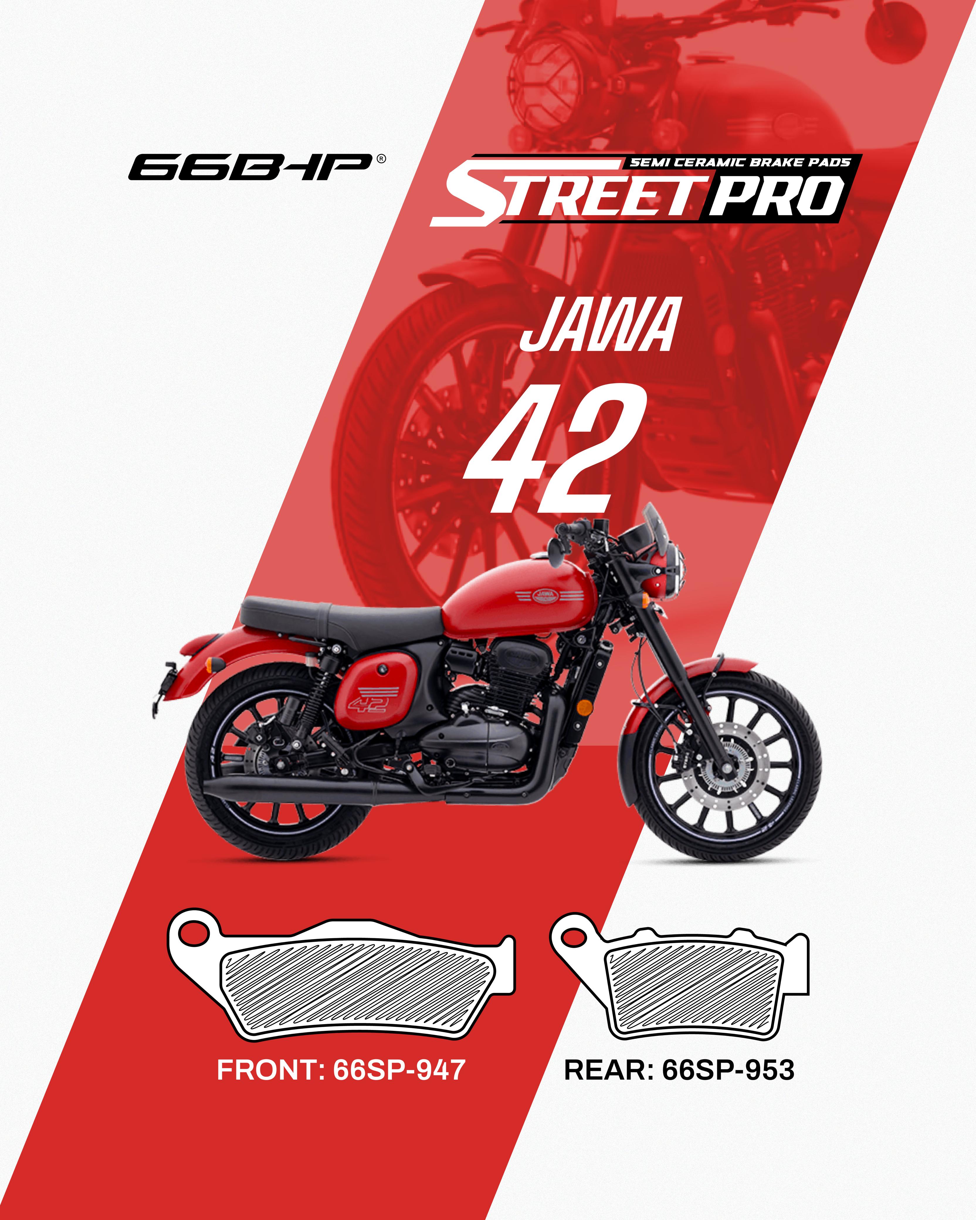 Red Jawa 42 motorcycle with semi ceramic brake pads Street Pro, front and rear brake pad models displayed.