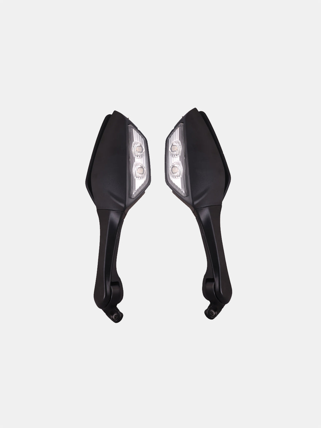 Pair of black motorcycle mirrors with integrated LED turn signals on a white background
