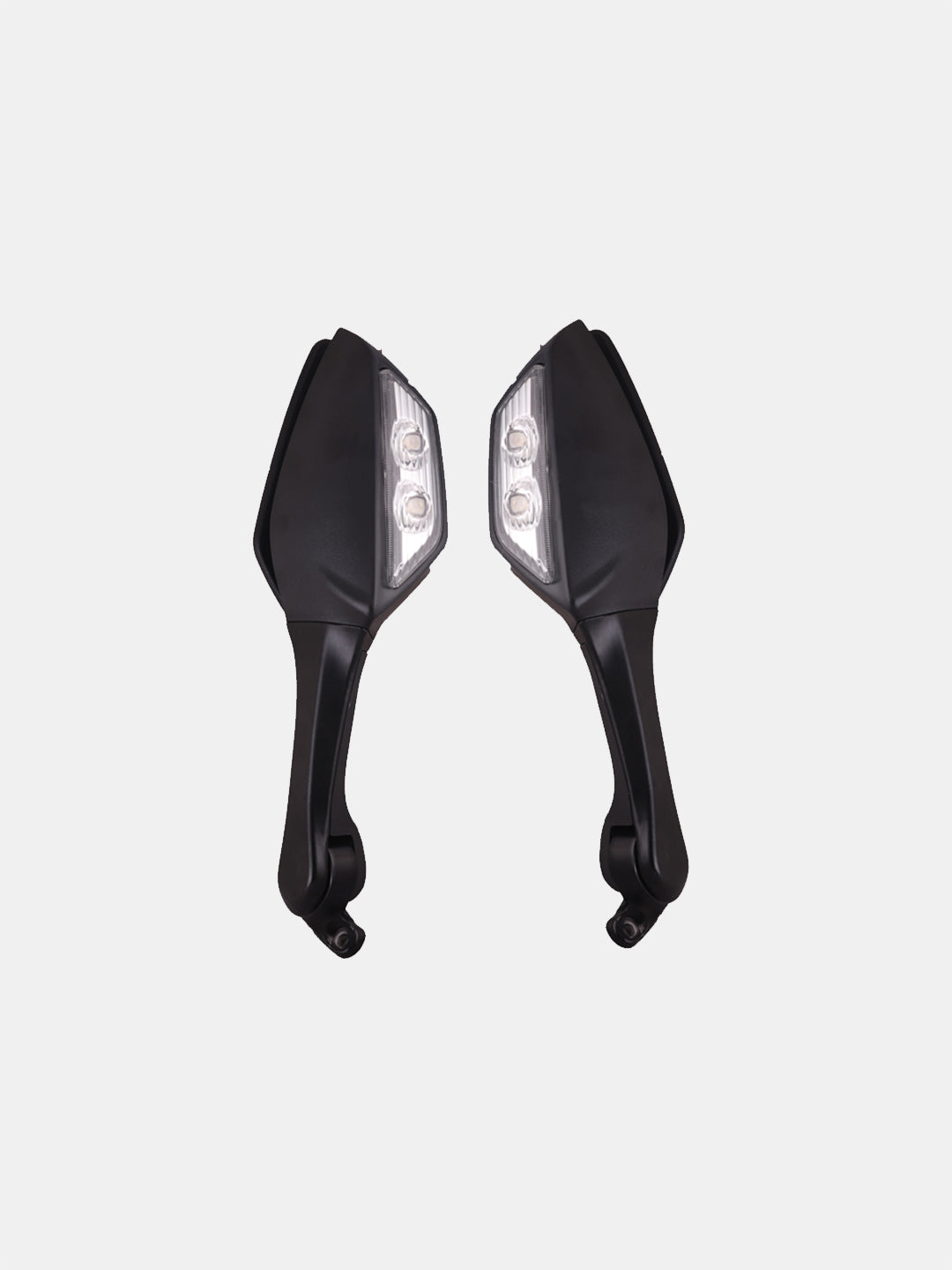 Pair of black motorcycle mirrors with integrated LED turn signals on a white background