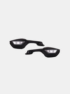 Pair of black motorcycle rearview mirrors with integrated LED turn signals on white background