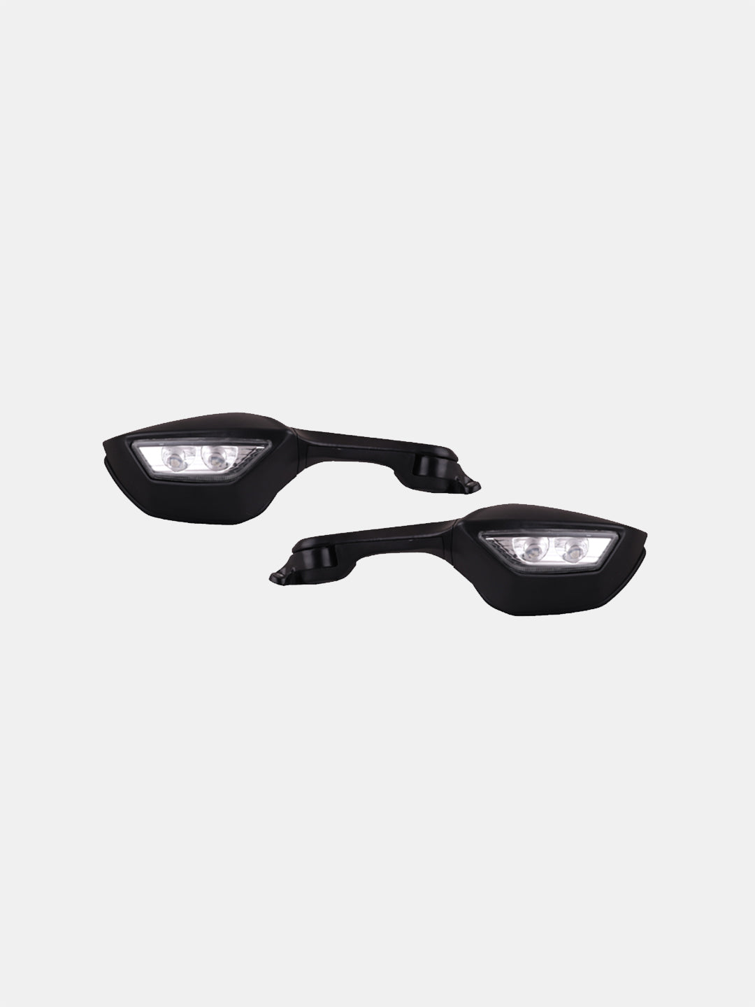 Pair of black motorcycle rearview mirrors with integrated LED turn signals on white background