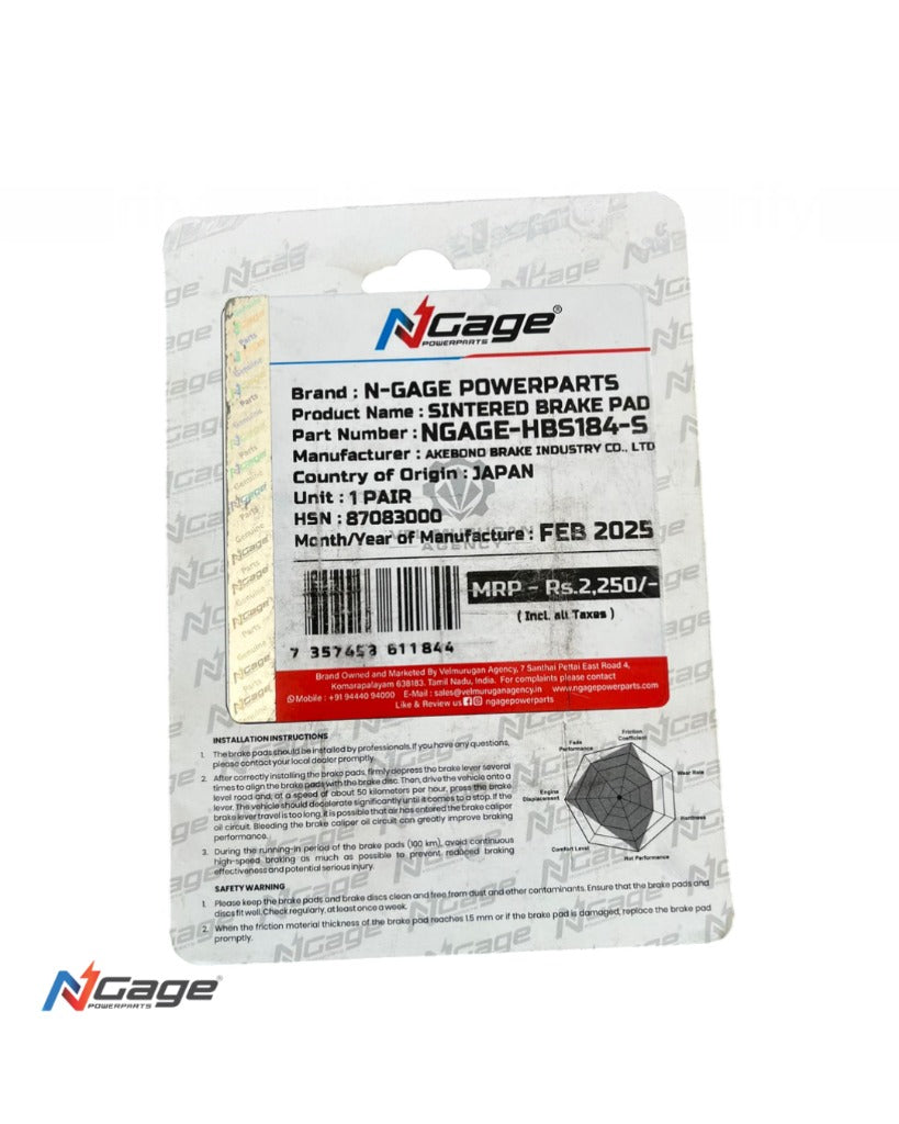 N-Gage sintered brake pad packaging with product details, barcode, and safety instructions.
